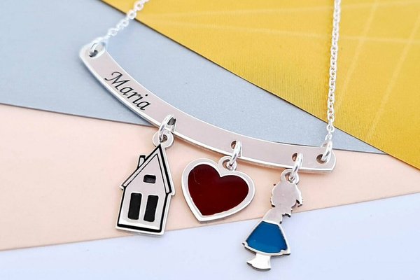 Lantisor personalizat si decorat cu email colorat - Pandantiv bara cu 3 piese atasate - Argint 925