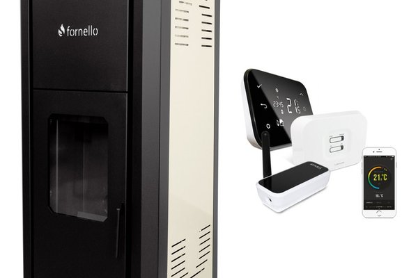 Pachet control de la distanta Termosemineu pe peleti Fornello Primo Pellet Ivory 30 kw, pompa, vas expansiune, supapa, buncar peleti 30 kg, automatizare, pana la 200 mp si termostat Wi-Fi Salus IT 500