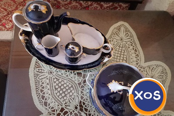 Serviciu de masă porțelan, cobalt, aur, 6 piese, made in RSR vintage