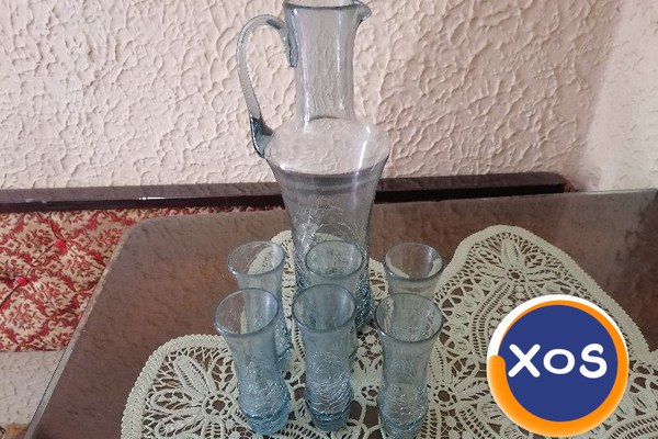 Set carafă + 6 pahare din sticlă gri cu model made in RSR vintage