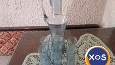 Set carafă + 6 pahare din sticlă gri cu model made in RSR vintage