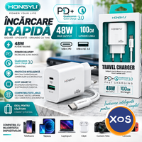 Încărcător Rapid HONGYU 48W cu USB-C PD + USB-A QC 3.0 și Cablu USB-C - 1