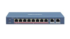 Switch 8 porturi PoE Hikvision DS-3E1310HP-EI prezinta 1 × 10/100 Mbps Hi-PoE port, 7 × 10/100 Mbps PoE ports, and 2 × 10/100/10