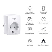 TP-LINK TAPO P100M Mini priză Wi-Fi smart, compatibilă cu Matter, WIFI Protocol: IEEE 802.11b/g/n, Bluetooth, 2.4Ghz, Dimensiuni - 4