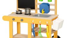 AIYAPLAY bucatarie de jucarie din lemn pentru copii, galbena, cu 15 accesorii