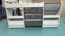 AIYAPLAY mobilier de depozitare pentru jucarii cu biblioteca, 8 cosuri din stofa, 2 sertare pe roti si rafturi deschise, alb