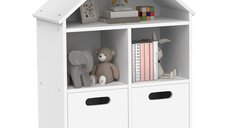 Biblioteca AIYAPLAY pentru copii - Mobilier de depozitare cu 3 nivele si 2 sertare, forma de casa, 63,7 x 29,7 x 89 cm, alb | Aosom Romania