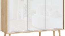 Bufet Modern HOMCOM cu 3 Uși si Raft Reglabil 107x35x77cm Alb si Stejar | Aosom Romania