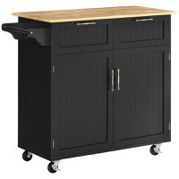 Carucior de bucatarie multifunctional din lemn cu 2 sertare, dulapior si 4 roti, 104x46x91cm, negru HOMCOM | Aosom RO - 1