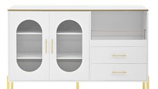 Comoda eleganta cu 2 sertare si 2 usi din sticla, spatiu generos de depozitare, 140x38x90 cm, Alb
