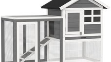 Cusca PawHut pentru Iepuri si Rozatoare, Lemn Gri, Design Rezistent la Intemperii, Spatiu Generos