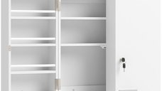 Dulap Medicamente HOMCOM pentru Perete cu Cheie, 3 Rafturi si 8 Suporturi pentru Sticle, MDF si Metal, Alb, 53x20x53 cm | Aosom Romania