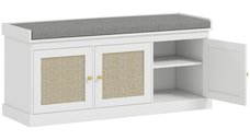 HOMCOM banc de depozitare pentru incaltaminte, pana la 9 perechi, cu 3 usi din ratan, perna detasabila si raft reglabil, 105 x 35 x 47 cm, alb