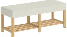 HOMCOM banc pentru incaltaminte cu spatiu de depozitare si sezut capitonat, raft deschis din lemn de hevea, 120x44x48 cm, finisaj natural