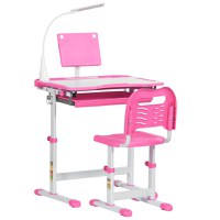 HOMCOM Banca scoala cu scaun pentru copii de 6-12 ani, inaltime reglabila, varf inclinabil la 45° si lampa LED, din otel si MDF, roz - 1