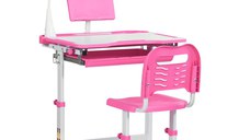 HOMCOM Banca scoala cu scaun pentru copii de 6-12 ani, inaltime reglabila, varf inclinabil la 45° si lampa LED, din otel si MDF, roz