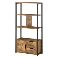 HOMCOM Biblioteca cu 3 Rafturi, Dulap si 2 Sertare, Biblioteca Stil Industrial din PAL si Metal, 58x24x122 cm, Negru si Lemn natur - 1