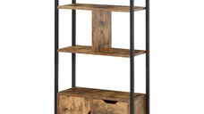 HOMCOM Biblioteca cu 3 Rafturi, Dulap si 2 Sertare, Biblioteca Stil Industrial din PAL si Metal, 58x24x122 cm, Negru si Lemn natur