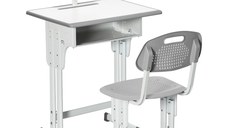 HOMCOM Birou de scoala cu scaun pentru copii 6-12 ani reglabil pe inaltime, pupitru si suport pentru stilou, otel si MDF, gri | AOSOM RO