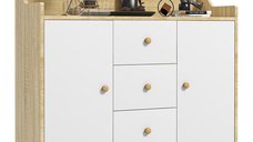 HOMCOM Bufet de bucatarie cu 3 sertare si 2 dulapuri cu rafturi, PAL si lemn de pin, 90 x 32 x 80 cm, alb