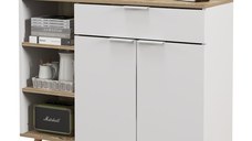 HOMCOM Bufet de Depozitare Modern cu Sertar, Usi cu Inchidere cu Amortizare, 3 Compartimente Deschise si Rafturi Reglabile, Dulap de Bucatarie Alb