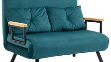 HOMCOM Canapea Dubla Extensibila 3 in 1 Catifea cu Spatar Reglabil pe 5 Niveluri si Perne Capitonate, Verde marin | Aosom Romania