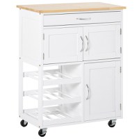 HOMCOM Cărucior Bucătărie cu Suport Sticle, Lemn de Cauciuc și MDF, 67x37x87cm, Design Elegant, Alb | Aosom Romania - 1