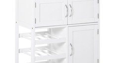 HOMCOM Cărucior Bucătărie cu Suport Sticle, Lemn de Cauciuc și MDF, 67x37x87cm, Design Elegant, Alb | Aosom Romania