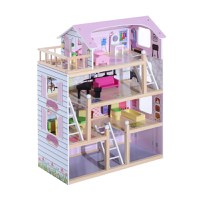HomCom Casa Păpuși cu 4 Etaje din Lemn cu Accesorii, Roz, 60x30x80cm - 1