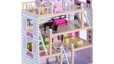HomCom Casa Păpuși cu 4 Etaje din Lemn cu Accesorii, Roz, 60x30x80cm
