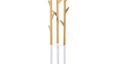 HOMCOM Cuier de podea pentru haine cu suport pentru umbrele si 13 carlige, din metal si bambus, dimensiuni 30.5x30.5x174.5cm, culoare lemn si alb
