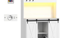 HOMCOM Dulap de Bucătărie Rustic 180 cm cu Priză și LED, Suport pentru Sticle, Rafturi Deschise, Uși Glisante, Alb | Aosom Romania