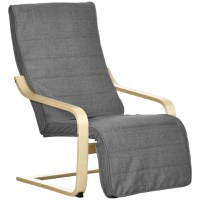 HOMCOM Fotoliu Relax cu Suport picioare pe 5 Niveluri si Tetiera, Fotoliu Ergonomic din Lemn de Mesteacan si Tesut, Gri - 1