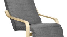 HOMCOM Fotoliu Relax cu Suport picioare pe 5 Niveluri si Tetiera, Fotoliu Ergonomic din Lemn de Mesteacan si Tesut, Gri