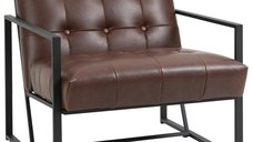 HOMCOM Fotoliu Stil Industrial Matlasat cu Nasturi, Mobilier Modern Fotoliu scaun din metal si PU, 62x74x78cm Maro 