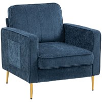 HOMCOM Fotoliu tip scaun modern, Fotoliu tapitat, Fotoliu din material pentru sufragerie cu picioare din otel si buzunare laterale, Albastru inchis - 1