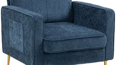 HOMCOM Fotoliu tip scaun modern, Fotoliu tapitat, Fotoliu din material pentru sufragerie cu picioare din otel si buzunare laterale, Albastru inchis