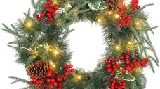 HOMCOM Ghirlandă de Crăciun de 60 cm cu LED-uri Albe, Decor Festiv cu Temporizator, 170 de Ramuri și Conuri de Pin, Verde