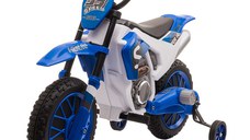 HOMCOM Motocicleta de Cros Electrica pentru Copii de 3-5 ani, Baterie 12V Reincarcabila si Rotite Detasabile, 106,5x51,5x68cm, Albastru inchis