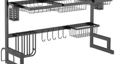 HOMCOM Organizator de Scurgere cu 2 Nivele - Suport pentru Cuțite și Placă de Tăiat, 93 x 30 x 52,5 cm, Oțel Negru