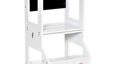 HOMCOM Scara Montessori 2 in 1 detasabila din MDF, pentru copii 3-6 ani, cu taburet, tabla, balustrada si balustrade incluse, alb