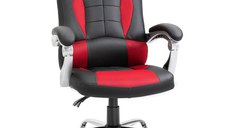 HOMCOM Scaun gaming ergonomic, scaun pentru jocuri si birou cu inclinare, suport lombar si tetiera, scaun gaming din piele ecologica, rosu si negru