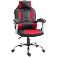 HOMCOM Scaun gaming ergonomic, scaun pentru jocuri si birou cu inclinare, suport lombar si tetiera, scaun gaming din piele ecologica, rosu si negru - 1