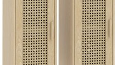 HOMCOM set 2 noptiere boeme din lemn natural, cu usa din rasina impletita si polita reglabila, 25 x 30 x 60 cm