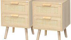 HOMCOM Set 2 Noptiere Boho Elegante, Mobilier Dormitor cu 2 Sertare, 40x40x56cm, Lemn Natural | Aosom Romania
