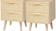 HOMCOM Set 2 Noptiere Boho Elegante, Mobilier Dormitor cu 2 Sertare, 40x40x56cm, Lemn Natural | Aosom Romania