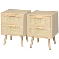 HOMCOM Set 2 Noptiere Boho Elegante, Mobilier Dormitor cu 2 Sertare, 40x40x56cm, Lemn Natural | Aosom Romania - 1