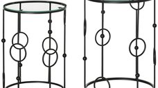 HOMCOM Set de 2 masute de cafea stivuibile din metal si sticla securizata Ø41x57cm si Ø36x51cm, negru | AOSOM RO
