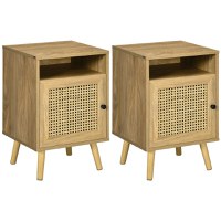HOMCOM Set de 2 noptiere moderne pentru dormitor si living cu dulap si raft deschis, din PAL, ratan si MDF, 39x35x60 cm | AOSOM RO - 1
