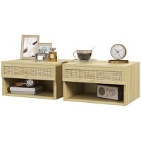 HOMCOM Set de 2 Noptiere Plutitoare, Noptiere cu Sertar din Ratan și Raft Deschis pentru Dormitor, 40x34x23 cm, Lemn Natural | Aosom Romania - 1
